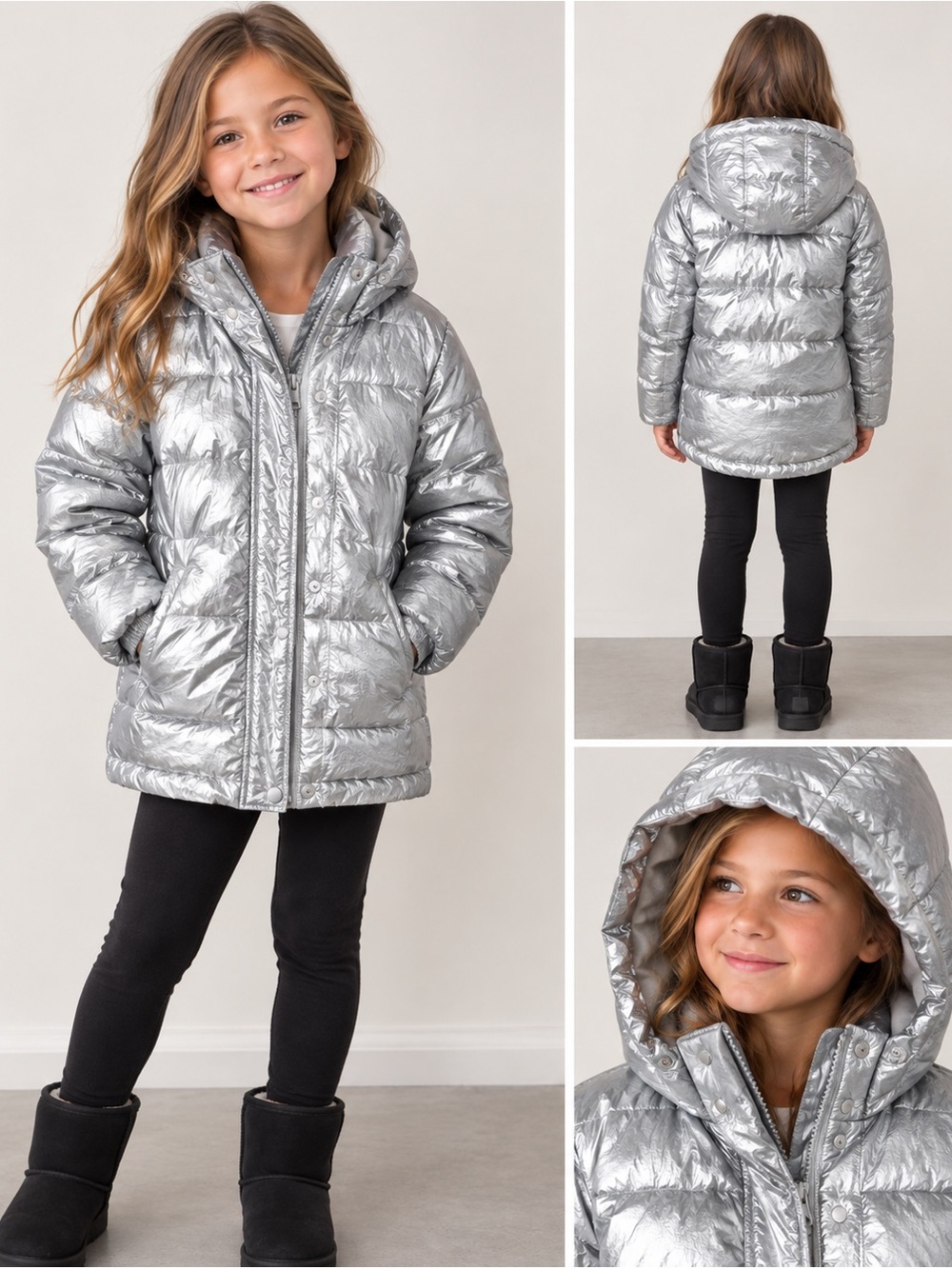 Amazon Essentials Girls' Silver Hooded Puffer Coat